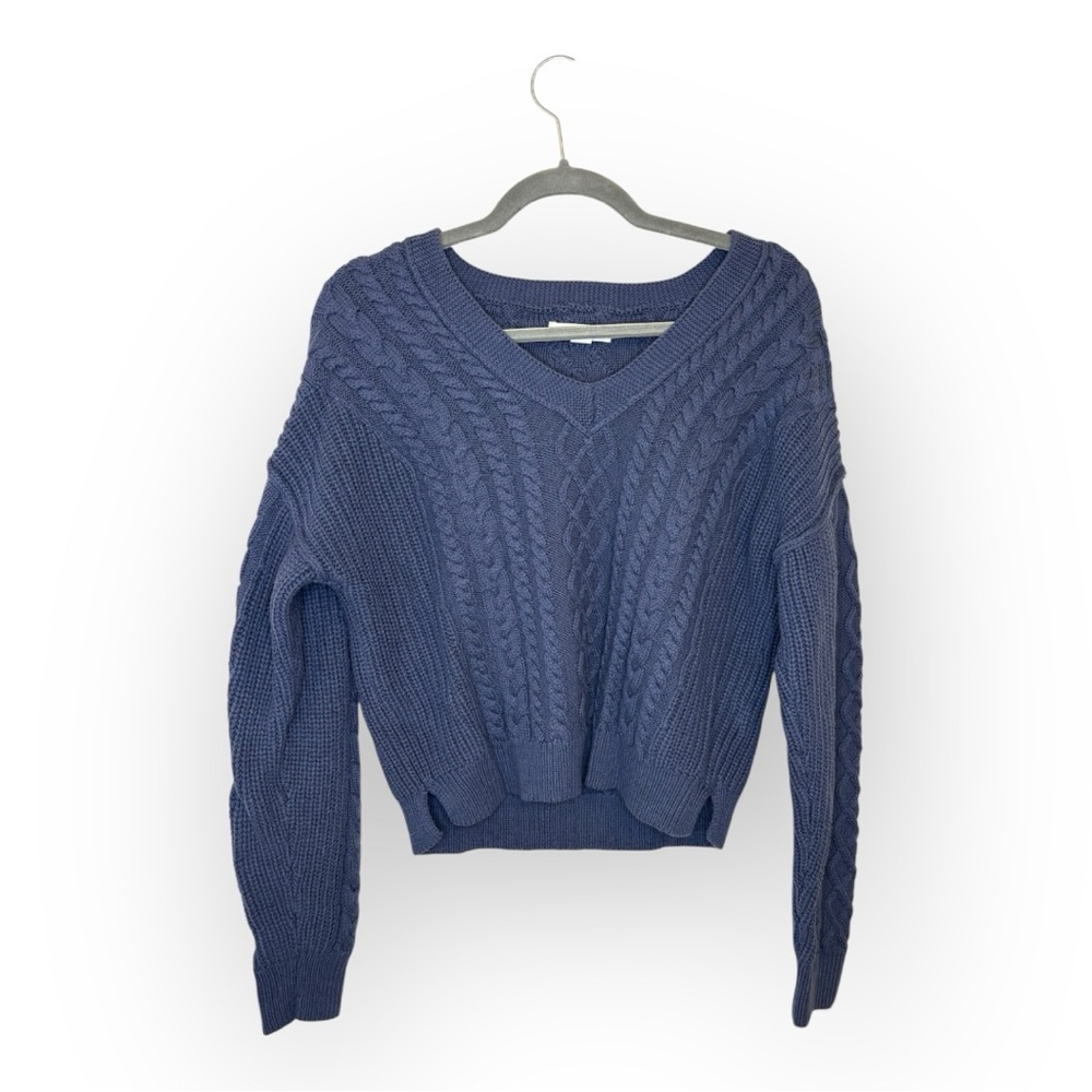 Aeropostale Blue Cable Knit Cropped Sweater V Neck Chunky Cozy Cabincore Medium
